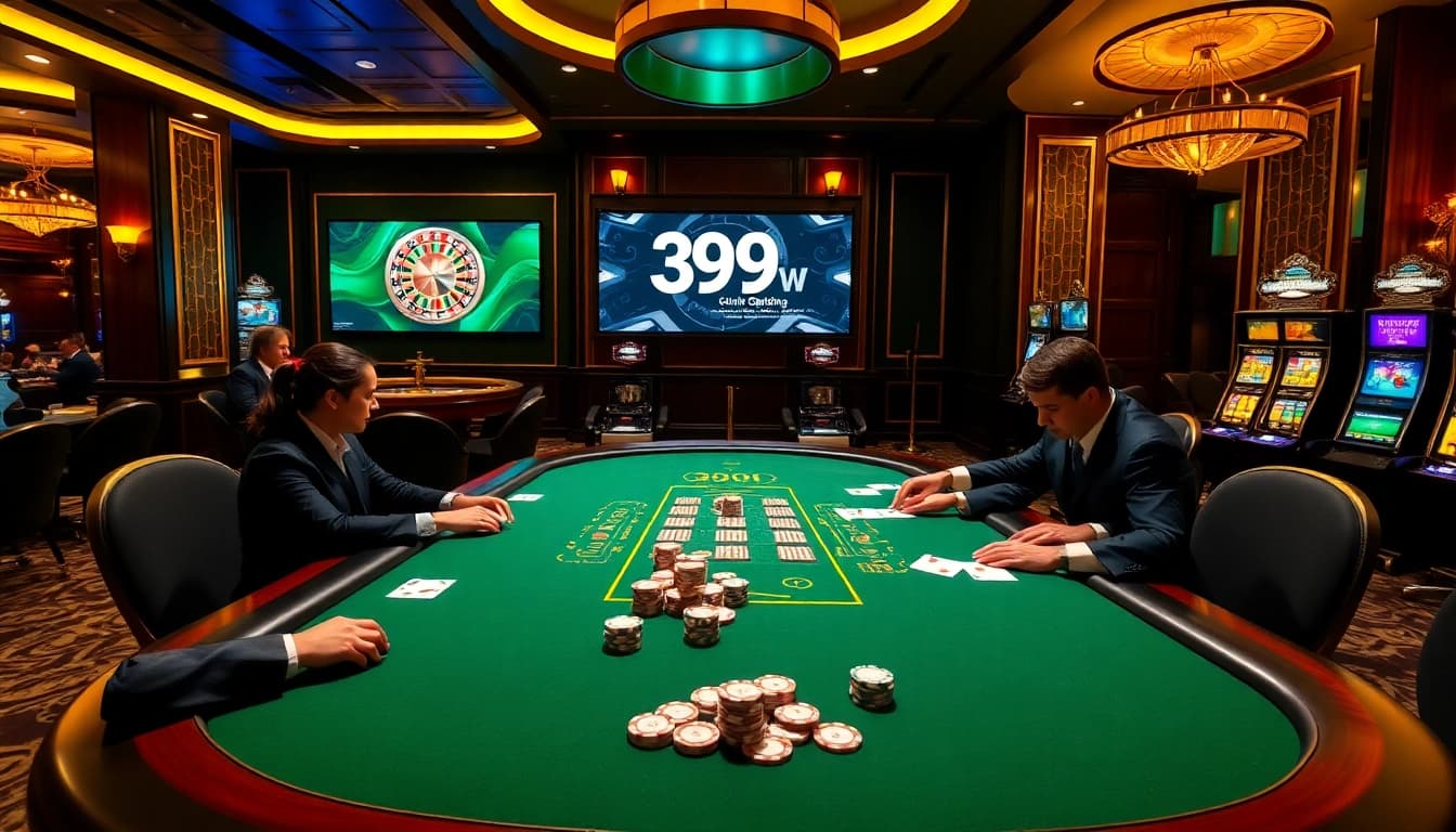 Experience professional poker gameplay at 399W’s elegant casino setting.