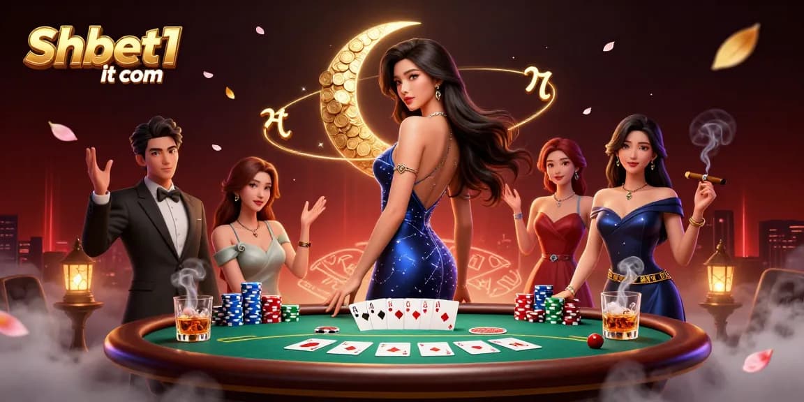 Engage with the elite gaming experience at Shbet1 it com, featuring an elegant Asian woman among poker elements and zodiac symbols.