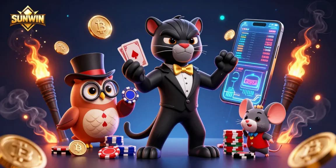 Experience thrilling gameplay at SUNWIN with a stylish panther dealer, vibrant chips, and crypto coins.
