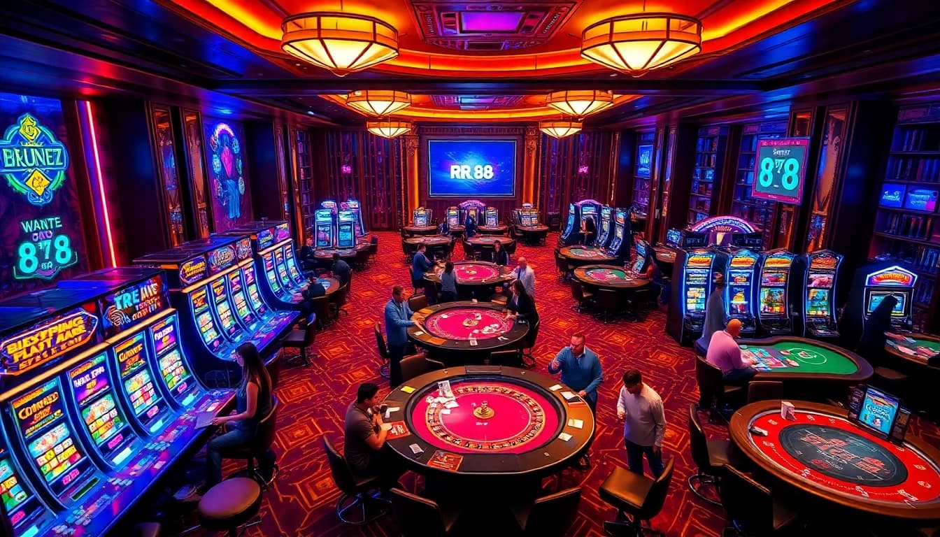 Players engaging in dynamic games at RR 88 casino, showcasing excitement and luxury in a vibrant atmosphere.