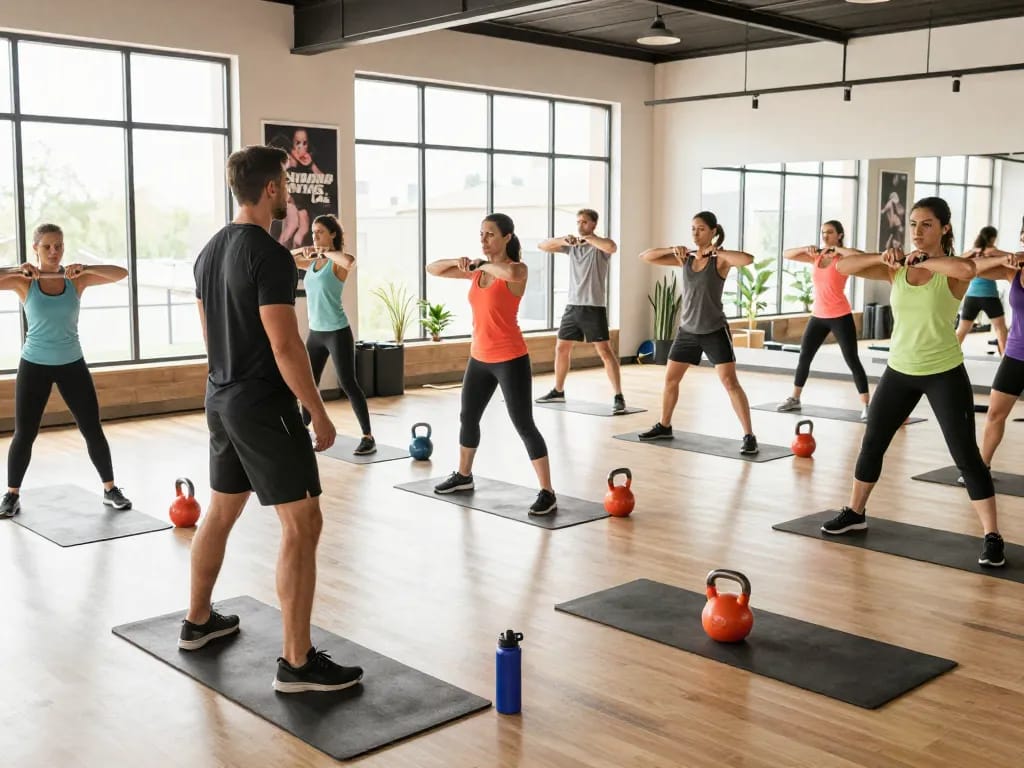 Hitclub fitness trainer guiding a dynamic group workout in a bright modern gym.