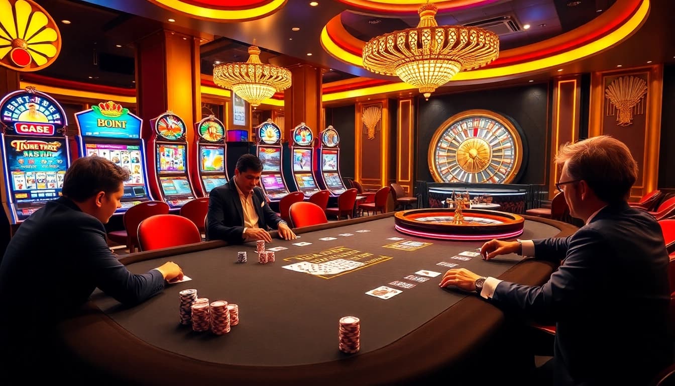 Players engaged in an exciting poker game at Jun888 with vibrant casino elements.