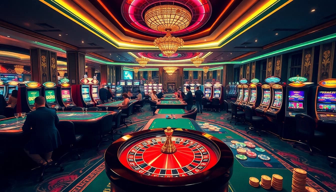 Experience the excitement of TG88 casino with engaging players at poker tables and slot machines.