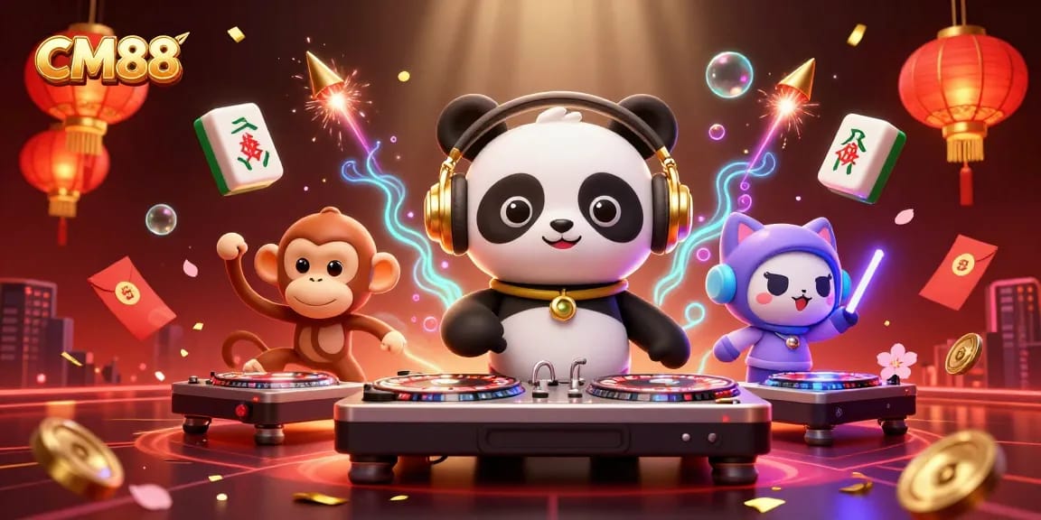 Engage with CM88's vibrant casino experience featuring animated characters in a lively gaming scene.