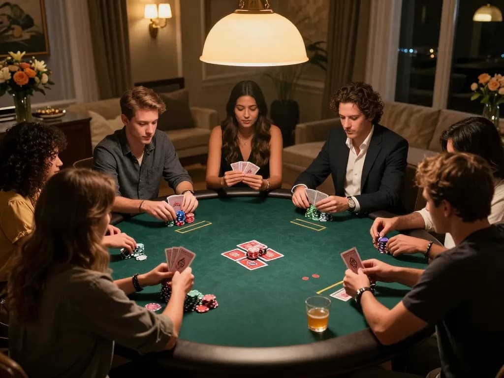 Engaging poker game scene with friends, showcasing strategy and interaction around the table, tr88 gaming atmosphere