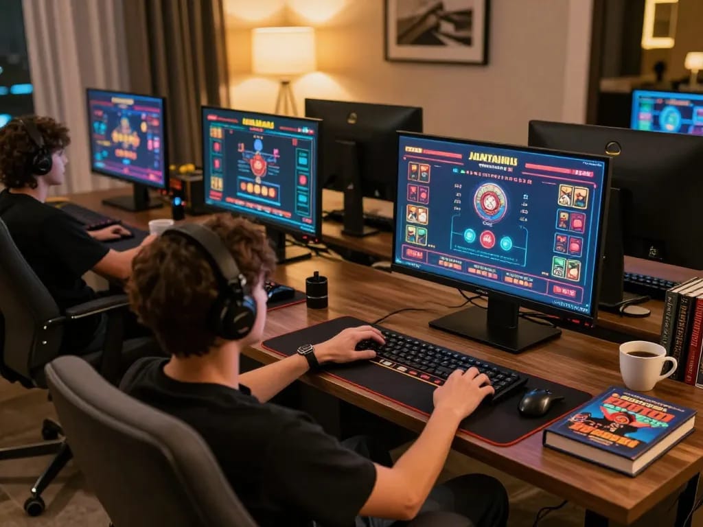 Engaging in online gaming at 888vnd, showcasing a stylish setup with multiple monitors and gaming strategies.