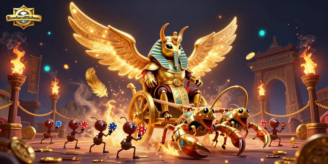 Engage with keonhacai55chuan's vibrant 3D illustration featuring a golden scarab beetle and scorpions in action.