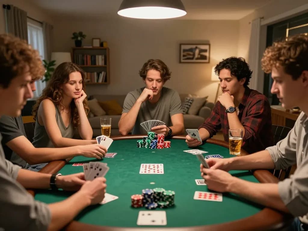 Friends enjoying a poker game night at home, showcasing keonhacai gameplay excitement and camaraderie.