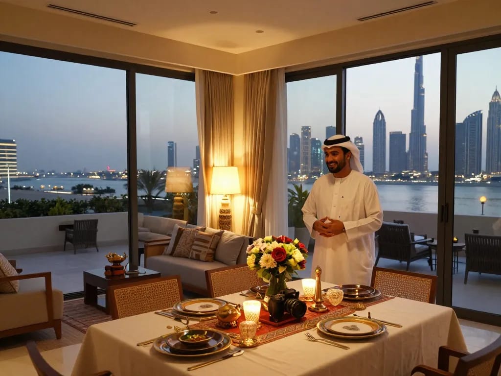 Airbnb management Dubai: stylish apartment welcoming guests with stunning skyline views, showcasing premium hospitality.