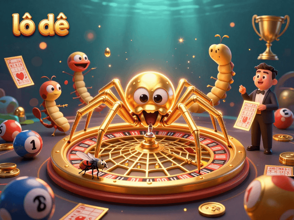 Bet on lô đề as an animated golden spider weaves a roulette web with exciting lottery elements.