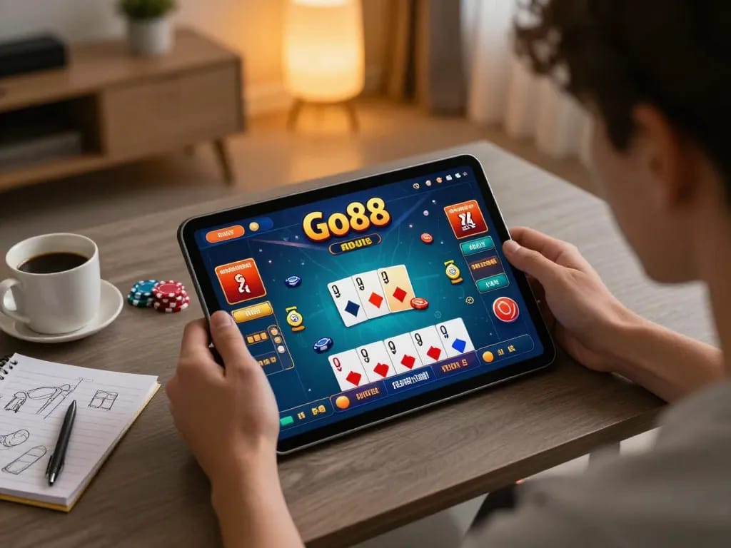Engaging in Go88 online gaming from home, showcasing vibrant app interface, cozy atmosphere for responsible gambling.