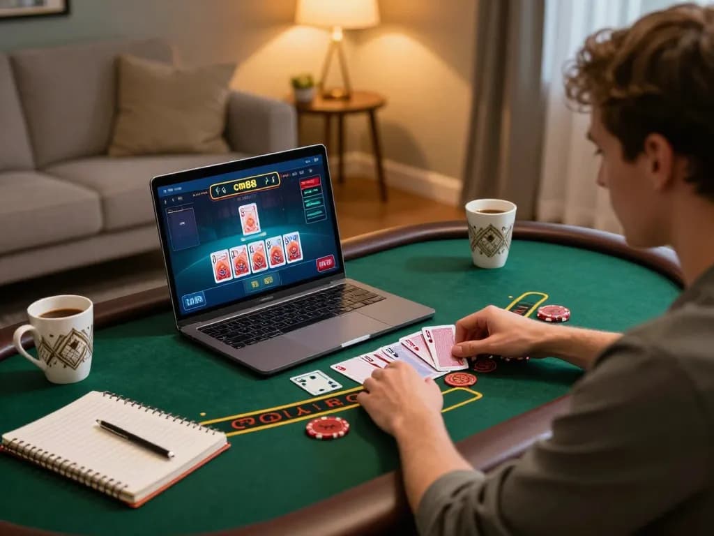 Player enjoying cm88 blackjack on a laptop with strategy notes and warm ambient lighting