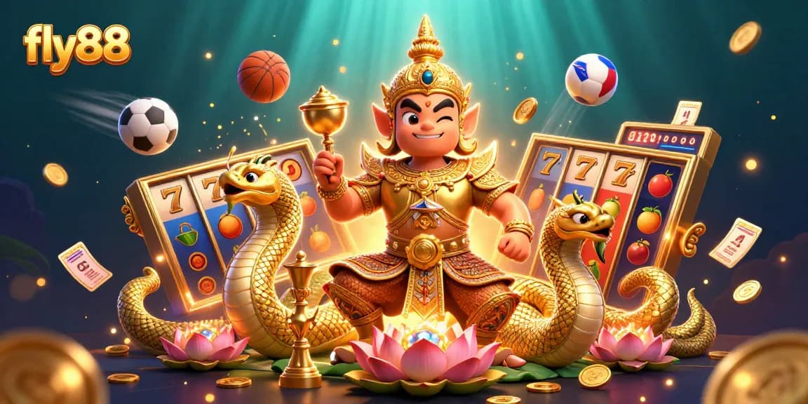Join the excitement of fly88 with a vibrant 3D casino scene featuring dynamic slot reels and golden trophies.