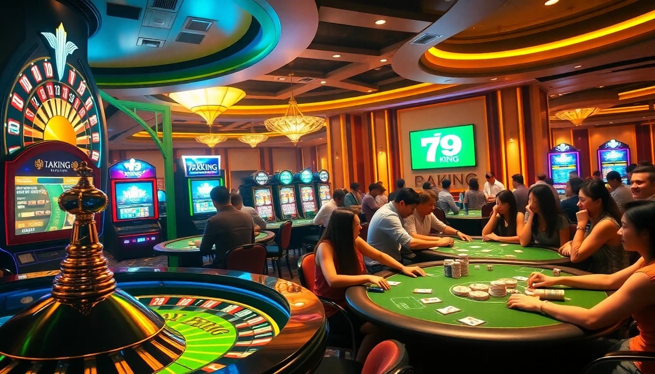Excited players at 79king gambling table showcasing vibrant casino elements and winning moments.