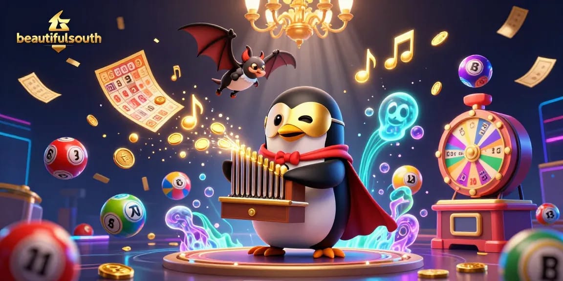 Experience beautifulsouth with a vibrant 3D casino scene featuring a phantom penguin and dynamic gaming elements.