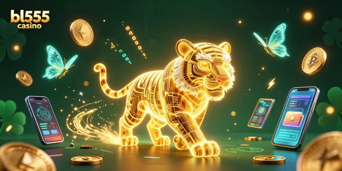 Join the excitement at bl555 casino with a neon tiger prowling amidst crypto treasures.