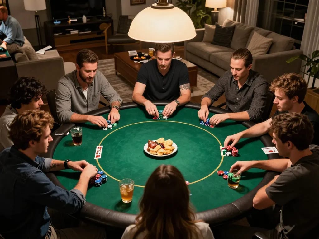 Friends playing poker at home with G28 gaming ambiance, showcasing intensity and strategy.