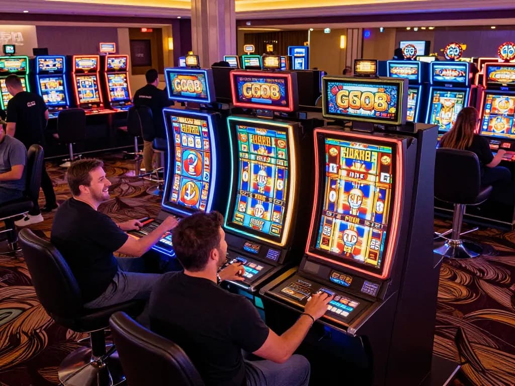 Players enjoying the thrill of slot machines at GO8 casino, showcasing excitement and entertainment.