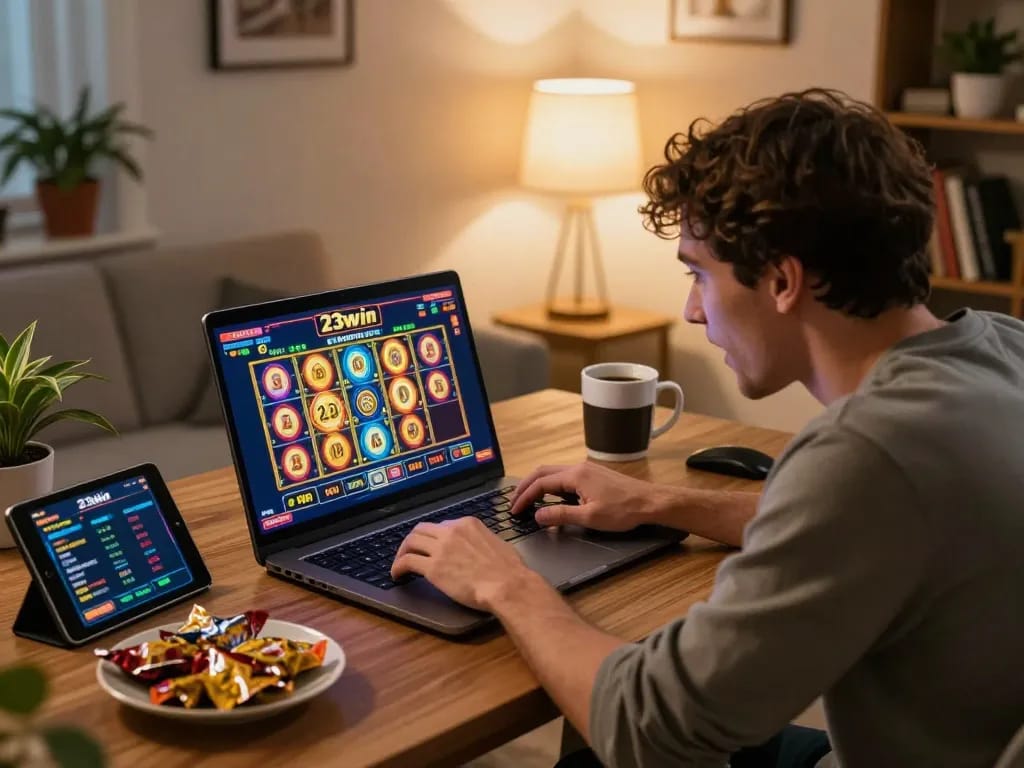 Player engaging with 23win's online slots on a laptop, surrounded by gaming snacks, in a cozy home setting.