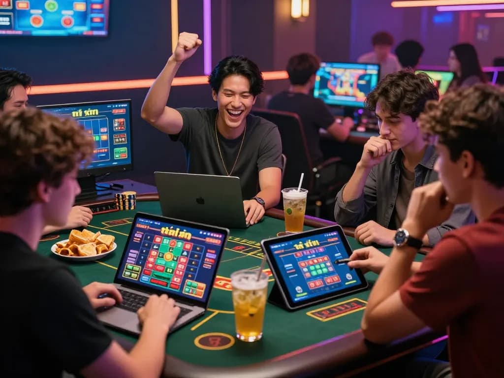 Exciting scene of friends celebrating while playing tài xỉu online on digital devices with vibrant graphics.