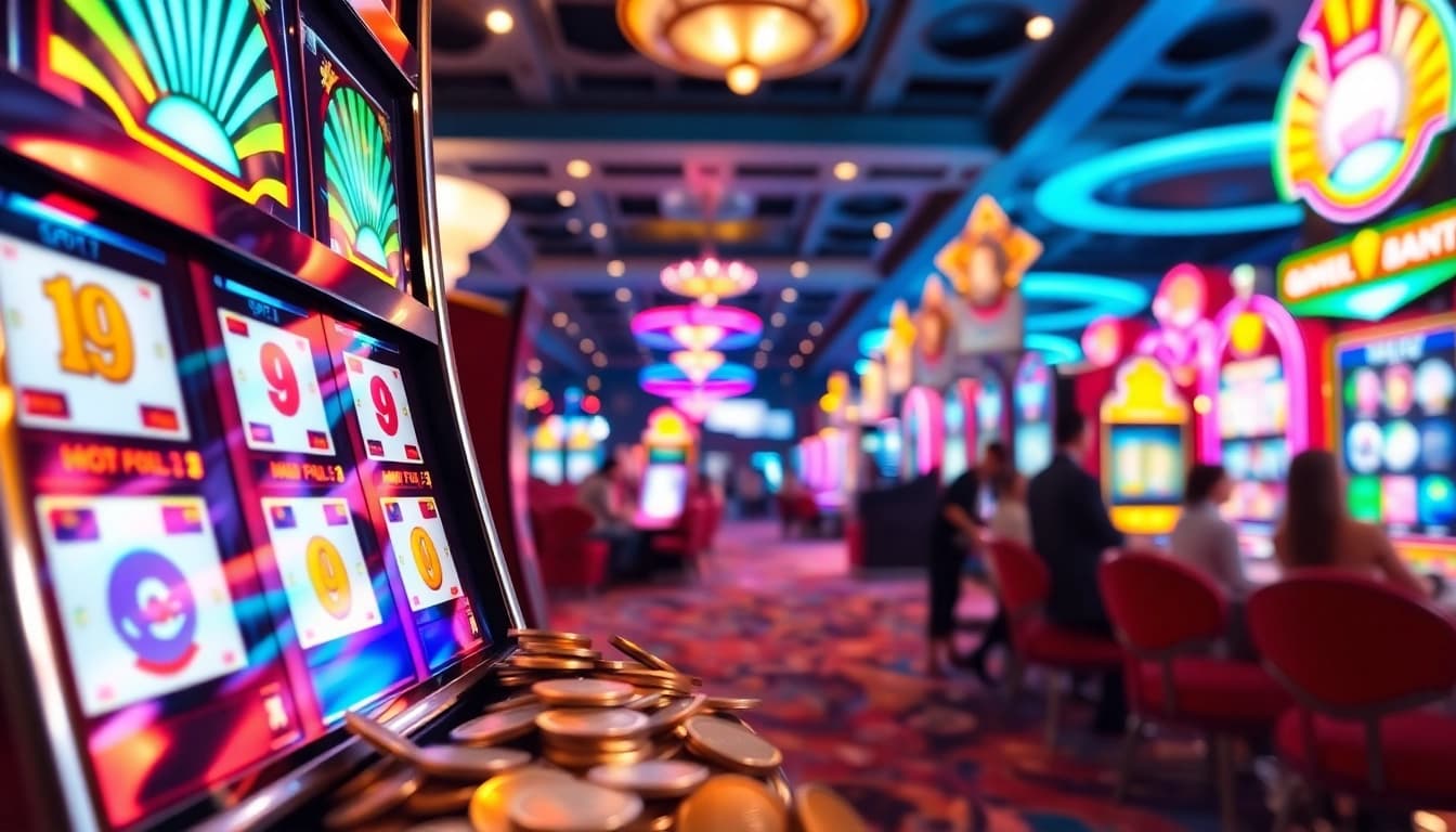 Slot gacor hari ini pada mesin slot yang bersinar di kasino dengan suasana meriah.