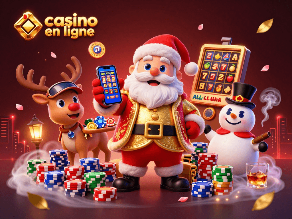 Jouez au casino en ligne avec le Père Noël et ses amis dans une scène féérique dynamique.