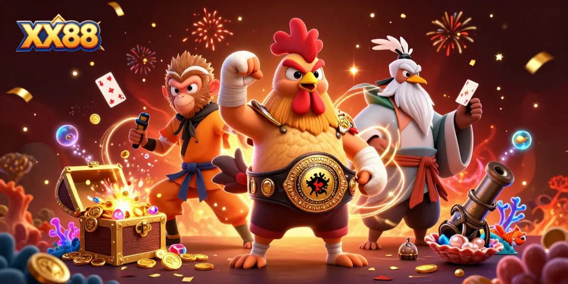 Experience vibrant casino fun with XX88 in an energetic 3D illustration featuring unique characters.