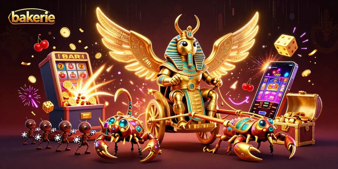 Join the gaming excitement at bakerie with our vibrant casino scene, featuring a golden scarab and dazzling jackpots.