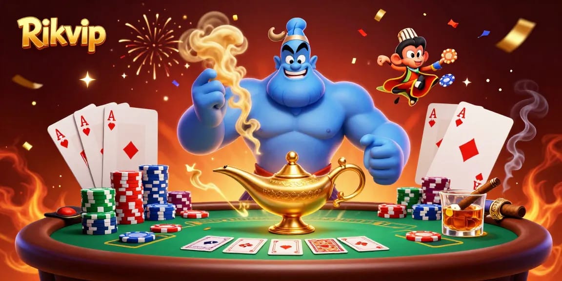Experience thrilling excitement at Rikvip with a playful genie, poker chips, and casino magic.