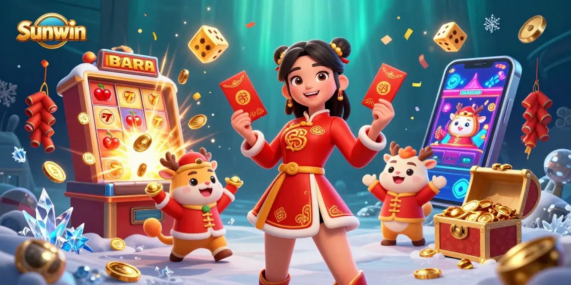 Experience thrilling wins at Sunwin's vibrant casino with exciting games, gold coins, and festive elements.