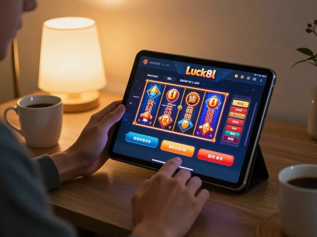 Player engaging with the luck8l casino app on tablet, showcasing thrilling slot games in a cozy home setting.