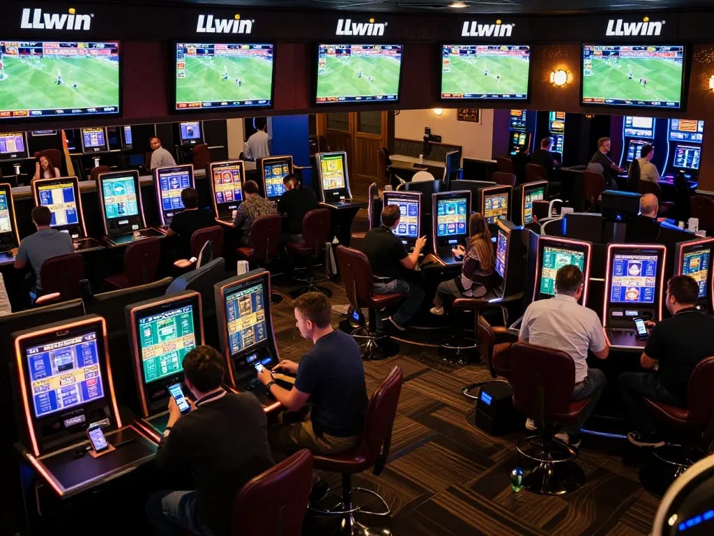 LLwin sports betting atmosphere with enthusiastic bettors engaging and placing bets on live events.