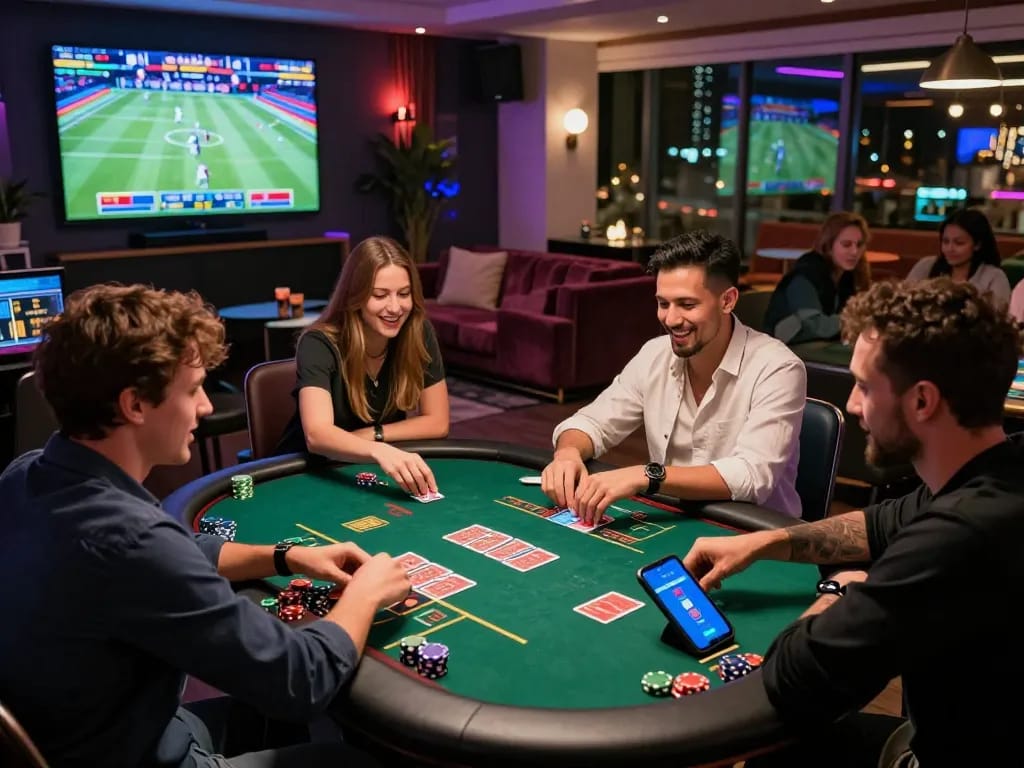 Friends engaging in online gaming at https://rikbet.in.net/ with chips and cards, showcasing excitement and camaraderie.