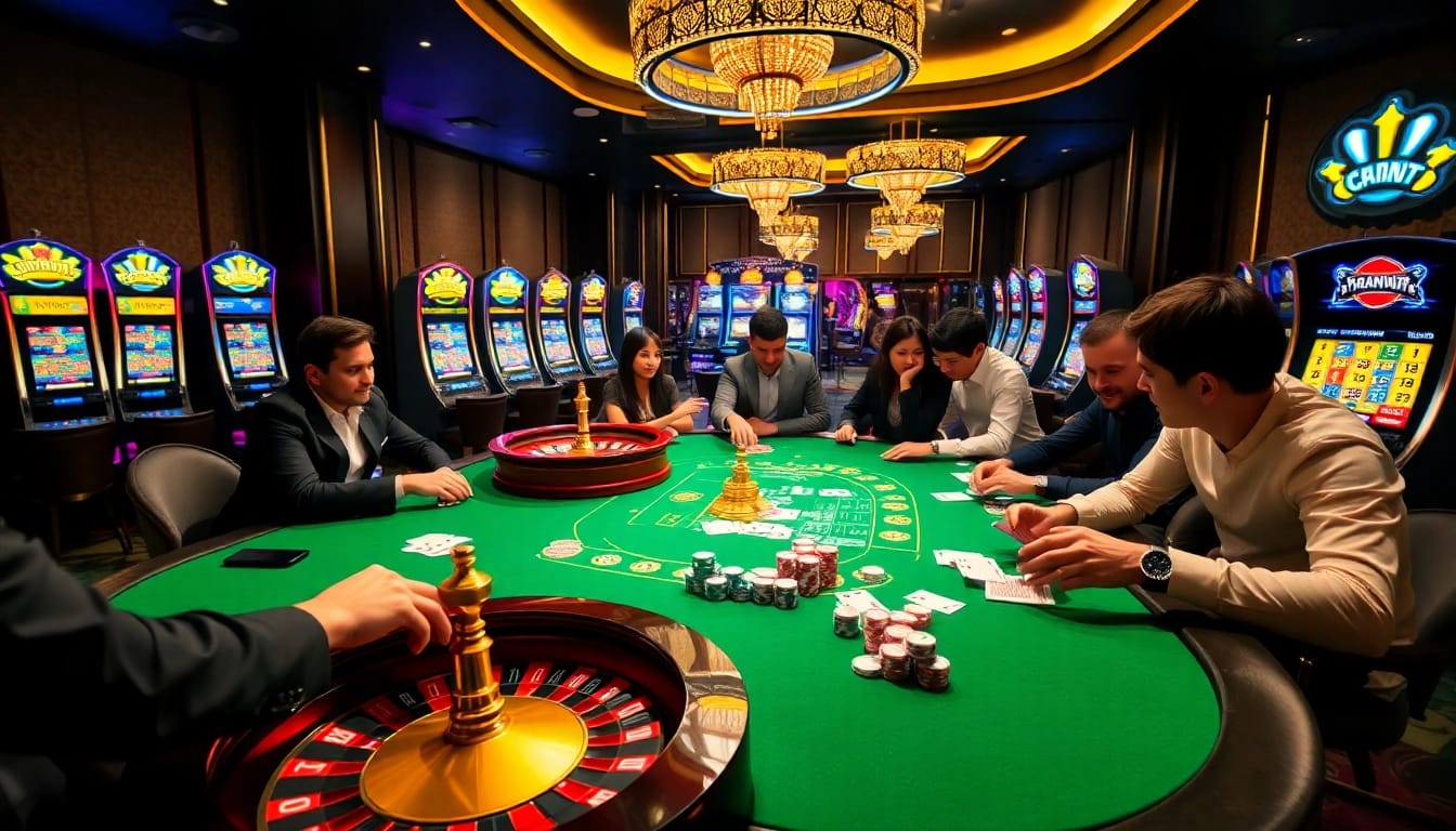 Poker players enjoying high-stakes games at the trang chủ 89bet casino table, featuring roulette wheels and vibrant chips.