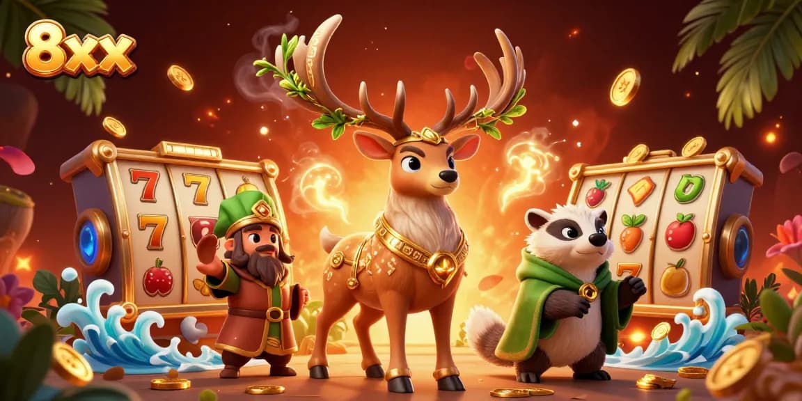 Play exciting jackpot slots with 8xx featuring a mystical stag, wise badger, and vibrant game elements.