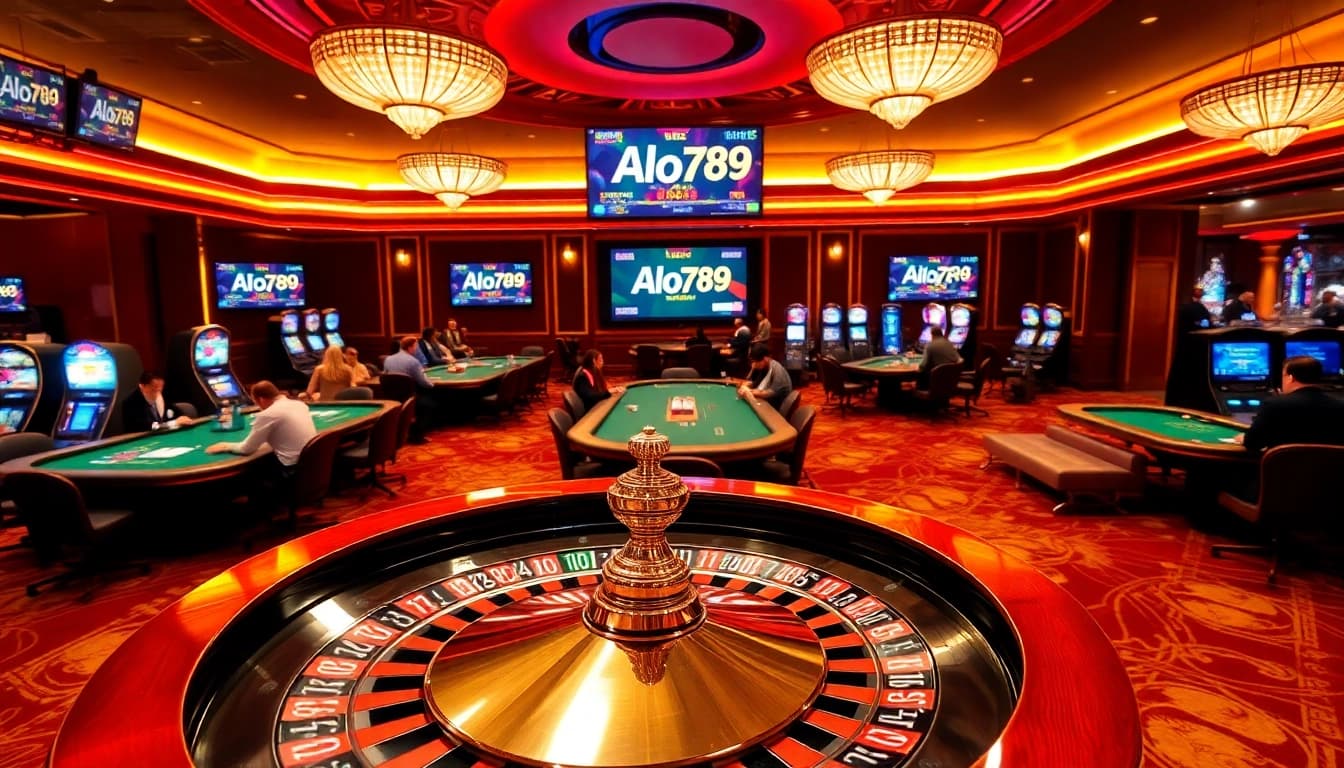 Exciting gambling scene showcasing Alo789 link trang chủ chính thức, featuring roulette, poker, and vibrant casino atmosphere.