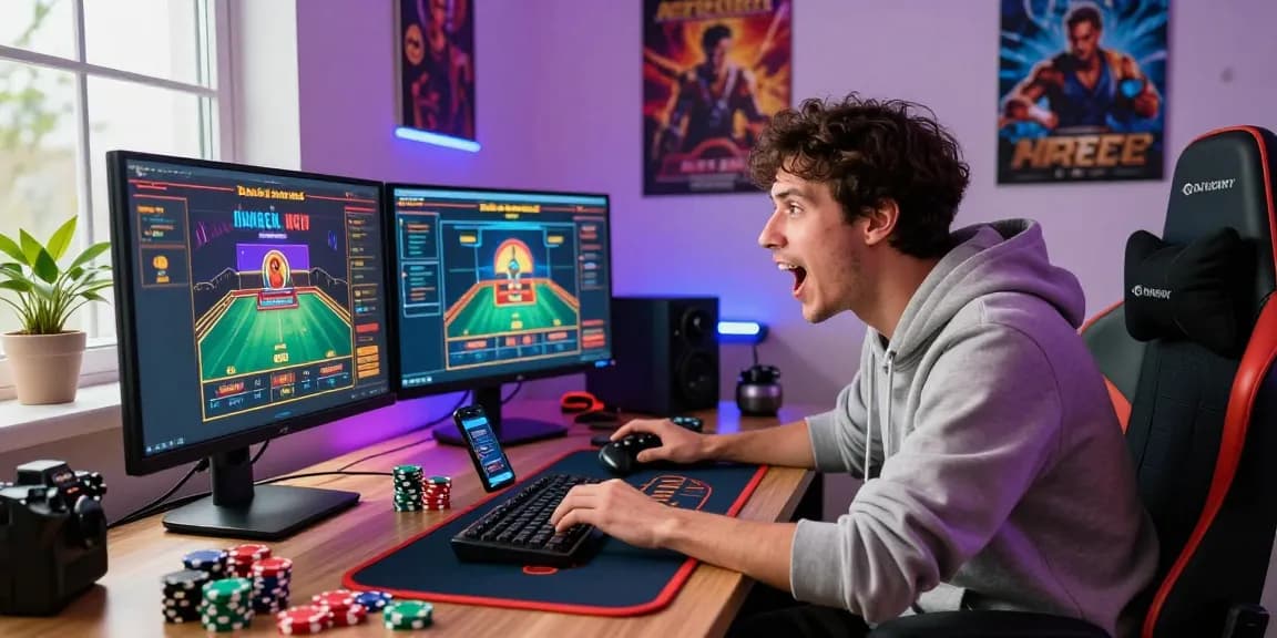 Enthusiastic player at home desk enjoying online casino games, showcasing https://mhfe.org.uk excitement and modern gaming setup.
