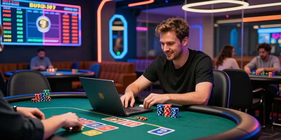 Exciting crypto casino with player engaged in online poker amidst vibrant LED lights and virtual elements.