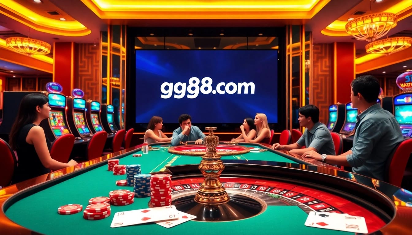 An exciting casino scene showcasing a live dealer gaming table with poker elements, featuring the brand gg88com.