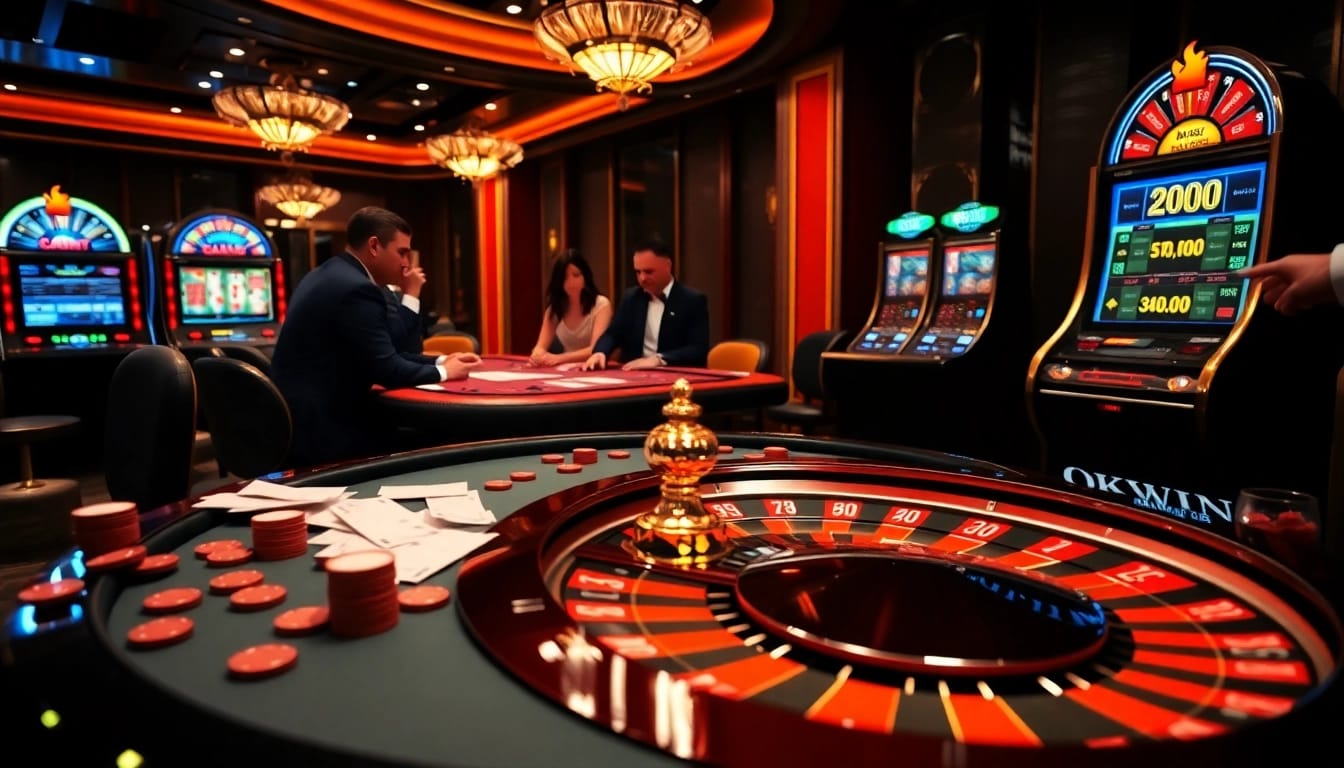 OKWIN offers an exciting gaming experience at a vibrant casino, featuring roulette and poker tables.