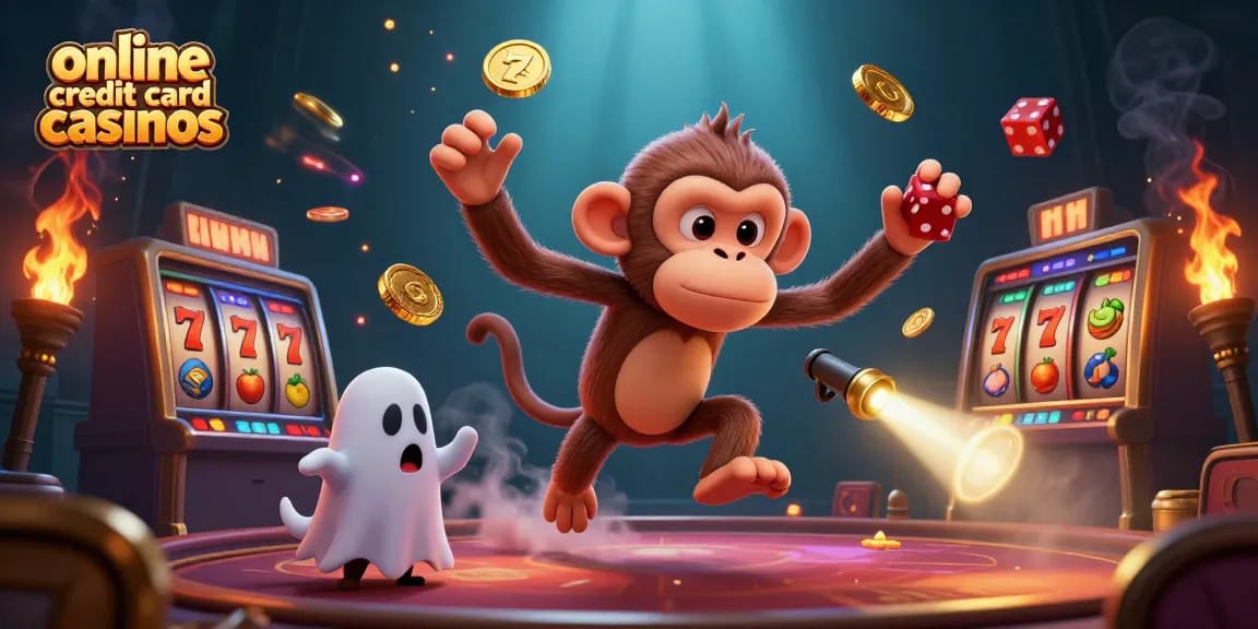 Explore online credit card casinos with playful characters amidst vibrant slots and golden rewards.