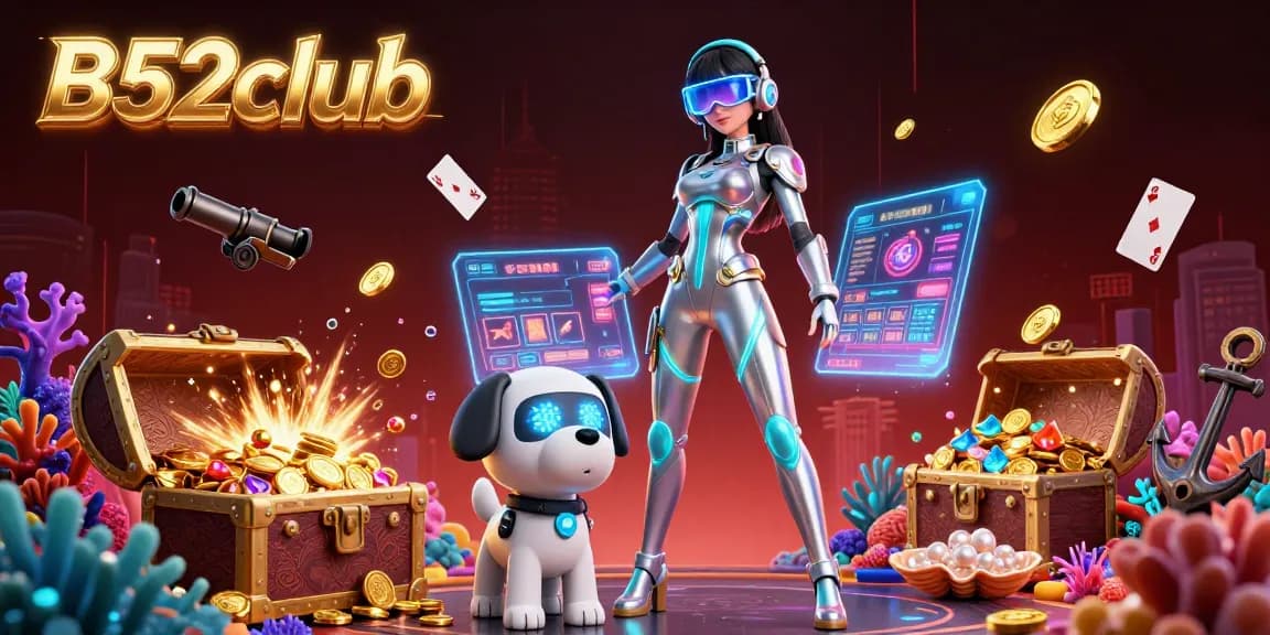 B52club offers an immersive gaming experience with a futuristic character and casino elements, engaging players in action.