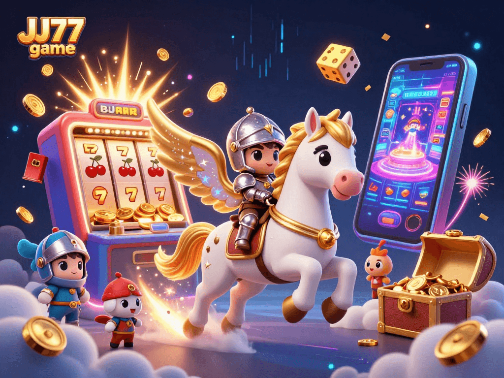Experience the thrill of the JJ77 game with dynamic casino elements and 3D characters in an exciting gaming atmosphere.