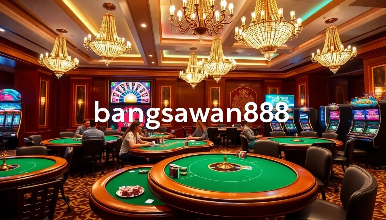 Bangsawan88 highlights a luxurious casino table game area with players immersed in high-stakes poker.
