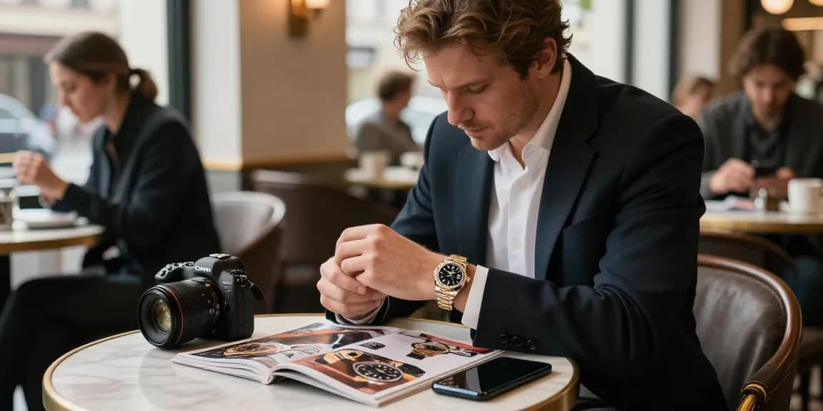 Close-up of a rolex replica on a watch enthusiast's wrist in a stylish café.