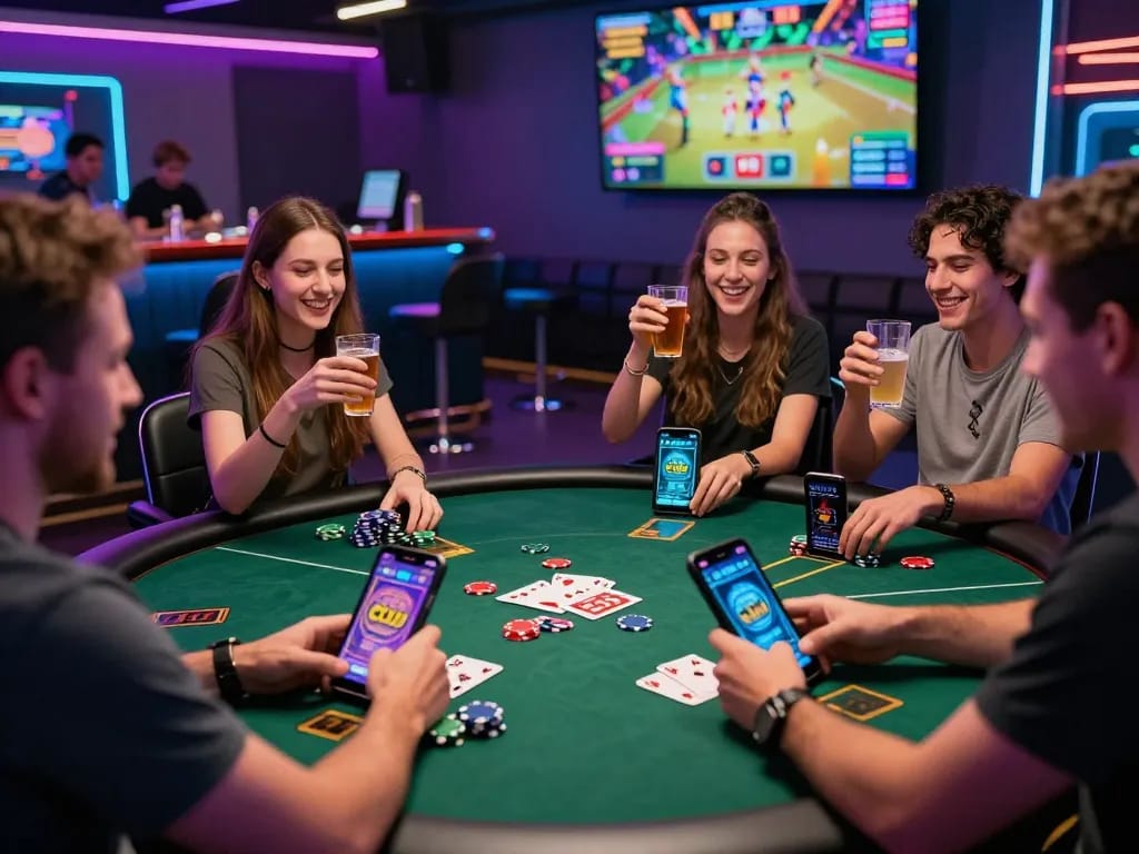 Engaged players downloading tải hitclub at a lively gaming hub with neon lights and celebration.