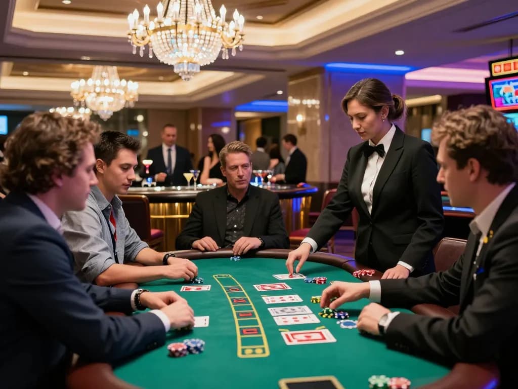 Players engaging in a thrilling qq88 blackjack table game, showcasing excitement and camaraderie.