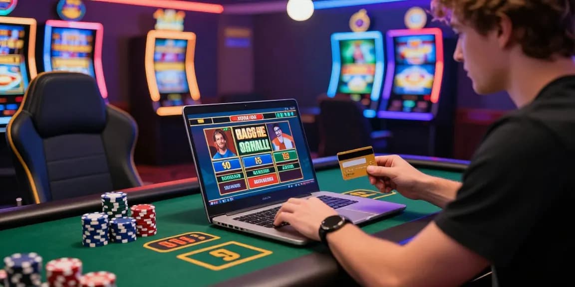 Engaging online gaming scene at https://scoarch.org.uk featuring a player using a credit card at a vibrant casino setup.