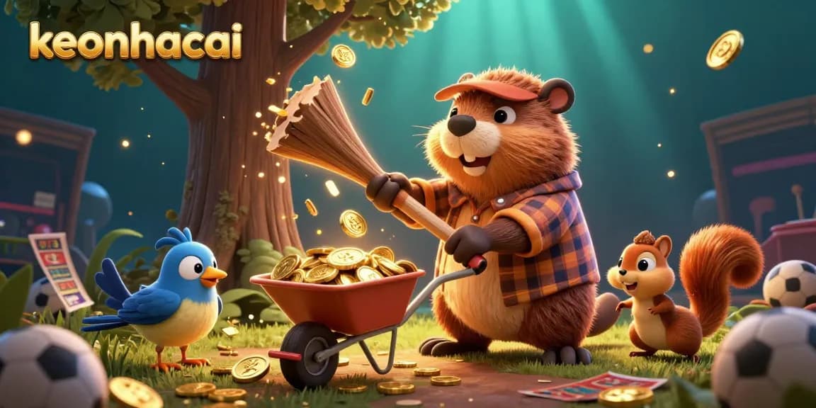 Engaging scene with keonhacai characters enjoying sports betting excitement with gold coins raining down.