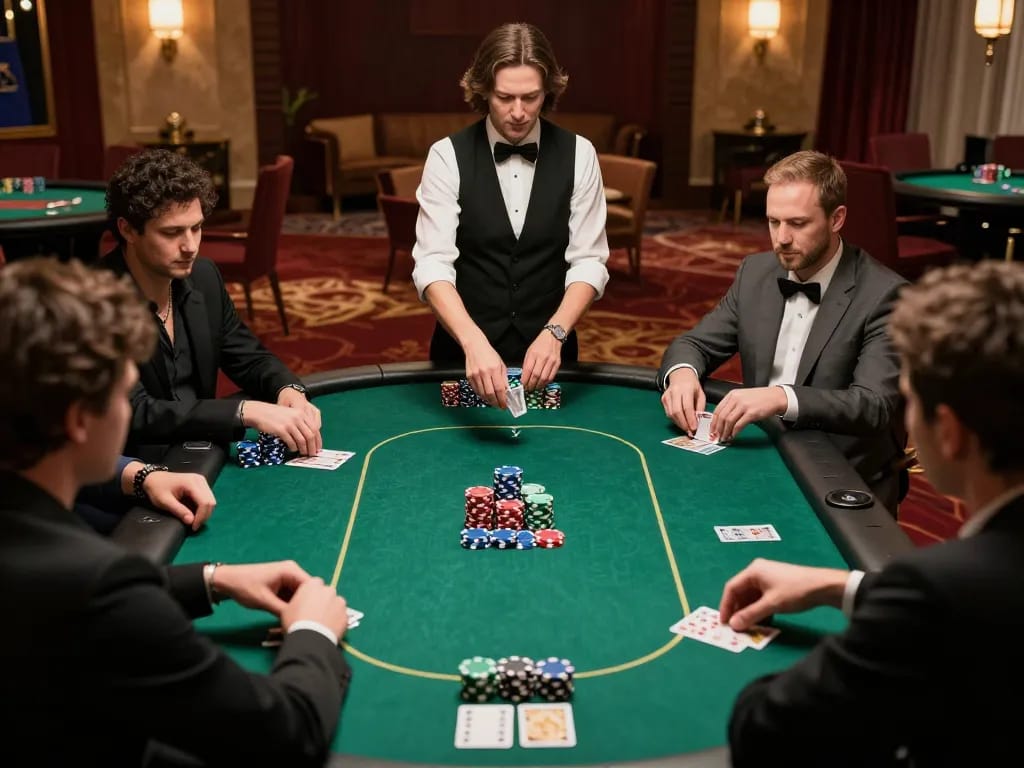 Players compete in a high-stakes game at a casino poker table, showcasing 789WIN strategy.